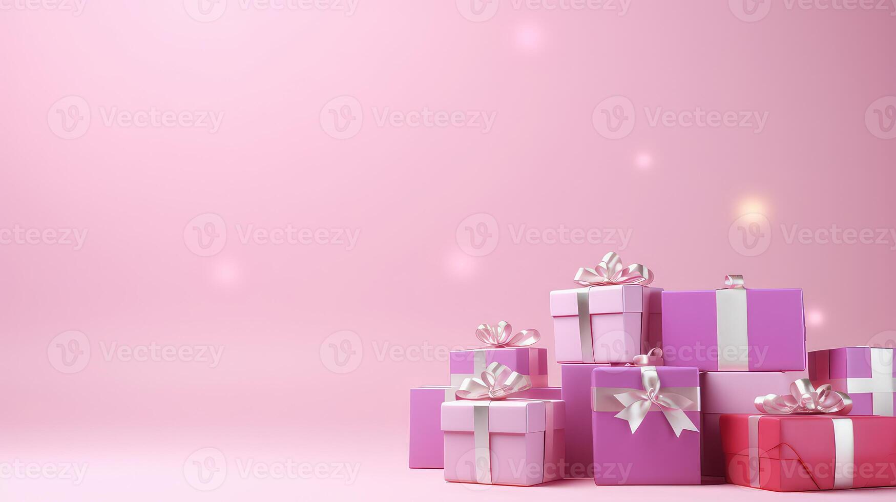 AI generated Pink gift boxes with bows on pink background photo