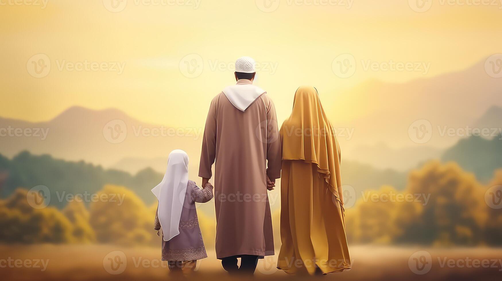 AI generated Back view of Muslim family standing in the field photo