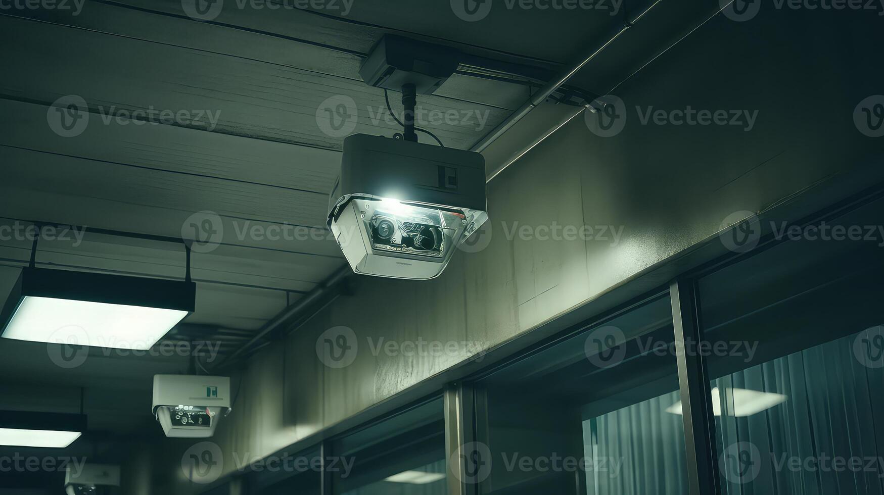 AI generated CCTV security camera in office building background photo