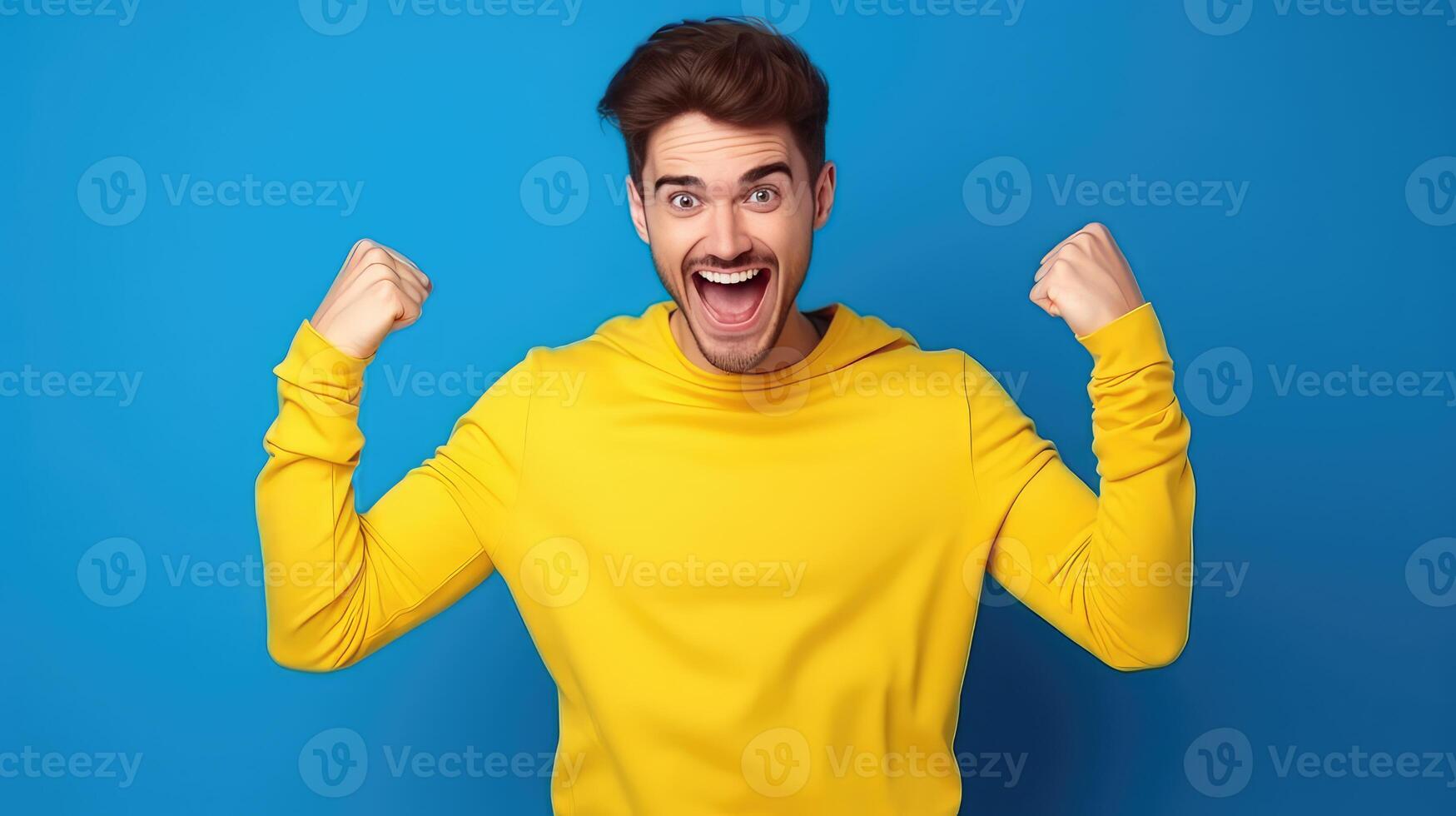 AI generated excited young man in yellow sweater celebrating success on blue studio background photo