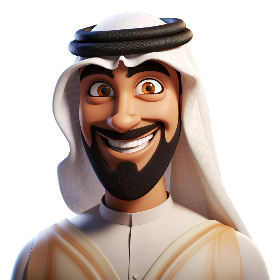 AI generated 3d cartoon arab man smiling closeup halfbody isolated on transparent background png