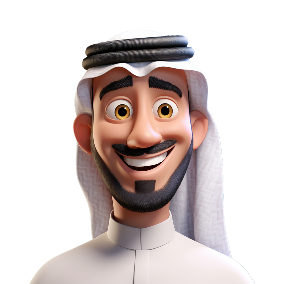 AI generated 3d cartoon arab man smiling closeup halfbody isolated on transparent background png