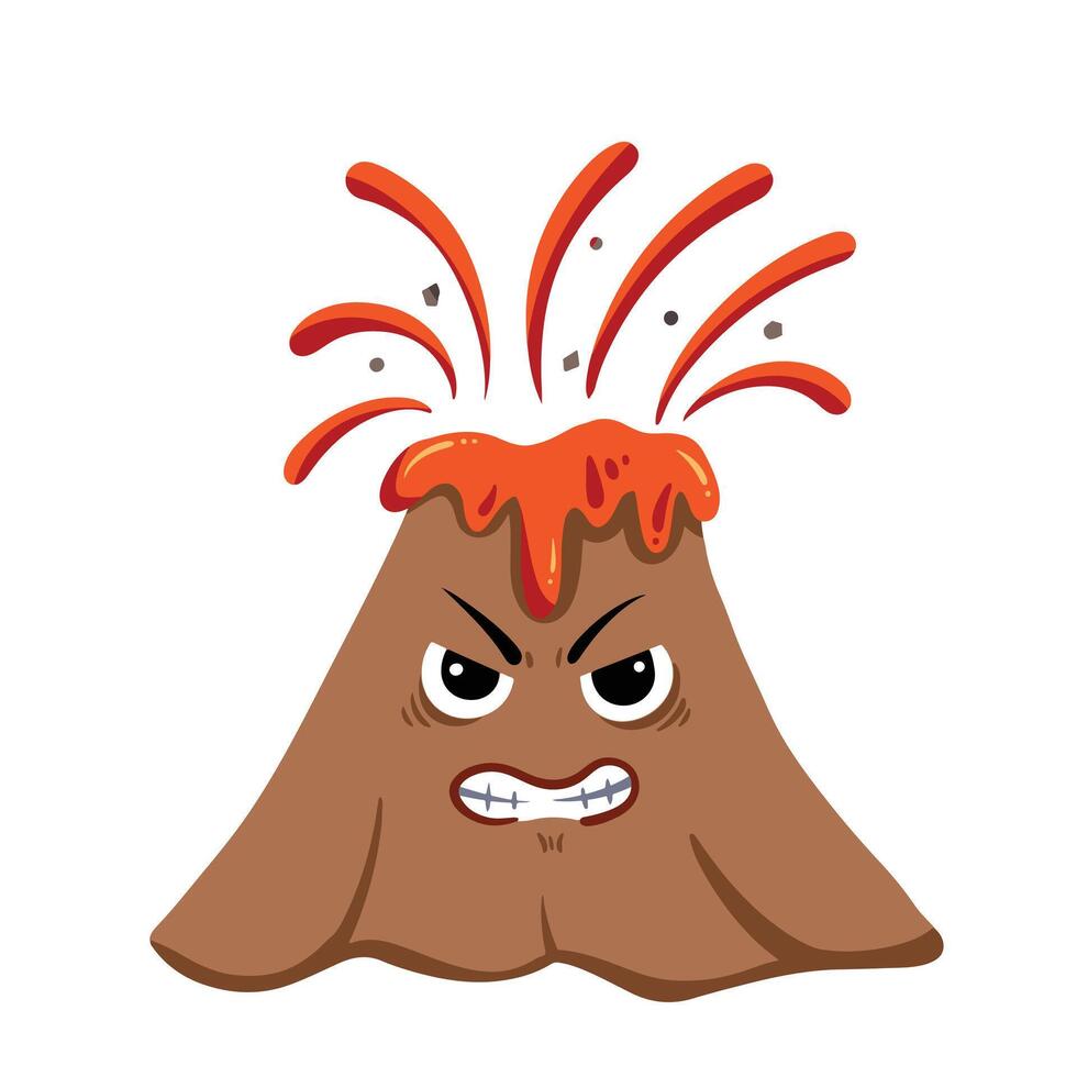 Angry brown mountain with volcano eruption activity with lava fire and stones coming out. Natural disaster vector illustration. Simple flat colorful character cartoon art styled drawing.