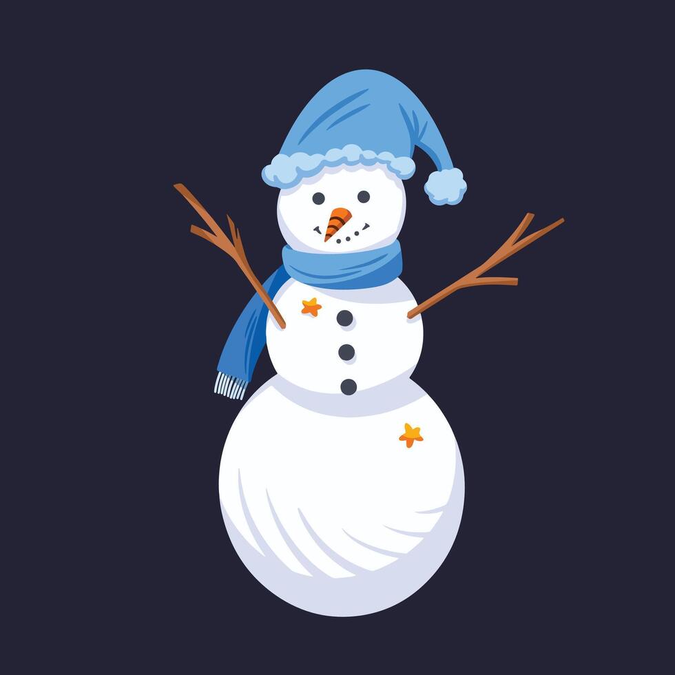 Snowman with blue hat and scarf vector illustration without outline isolated on square dark gray background. Simple flat full colored cartoon art styled drawing.