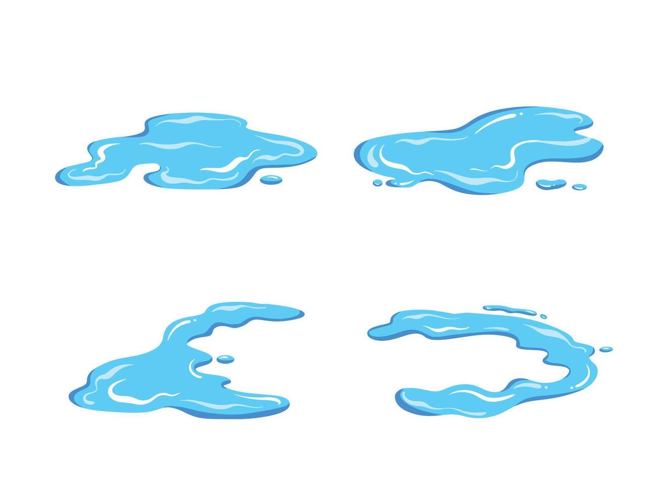 Blue water puddle liquid four vector illustration set collection bundle isolated on horizontal white background. Simple flat cartoon art styled object drawing.