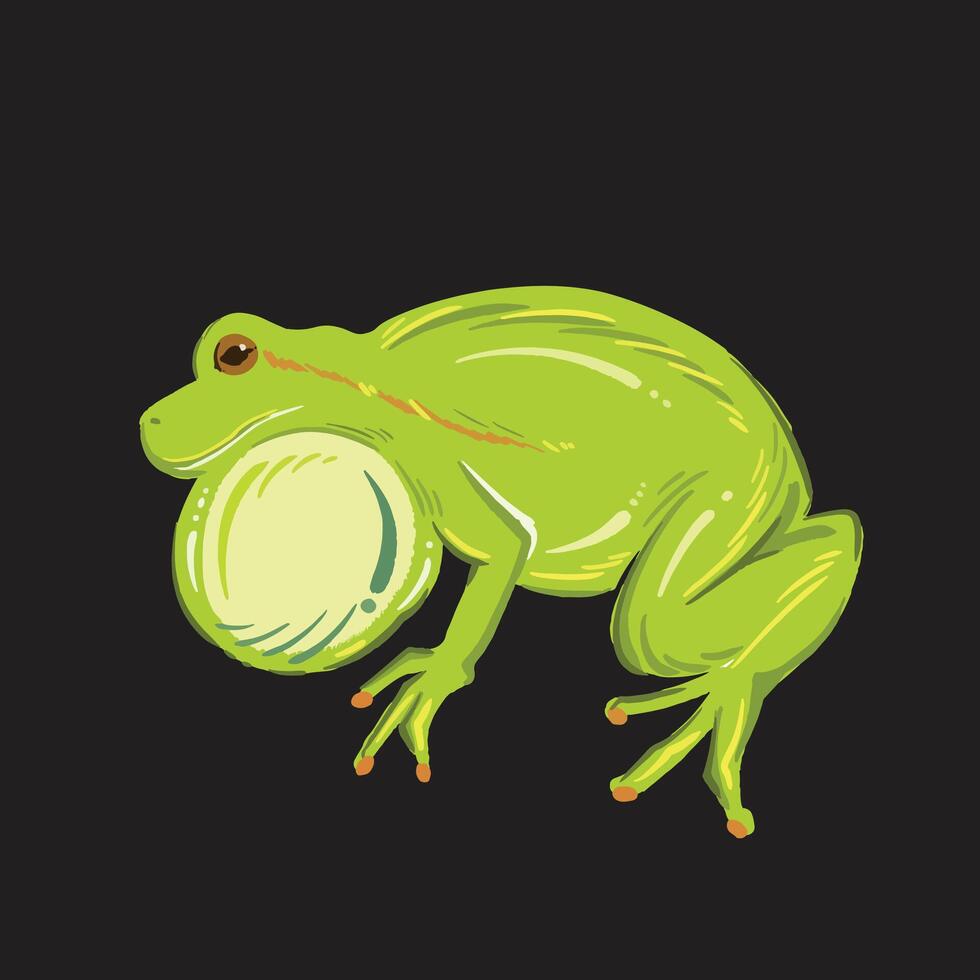 Croaking frog vector illustration with rough brush stroke texture isolated on dark square background. Simple flat colorful cartoon art styled drawing.