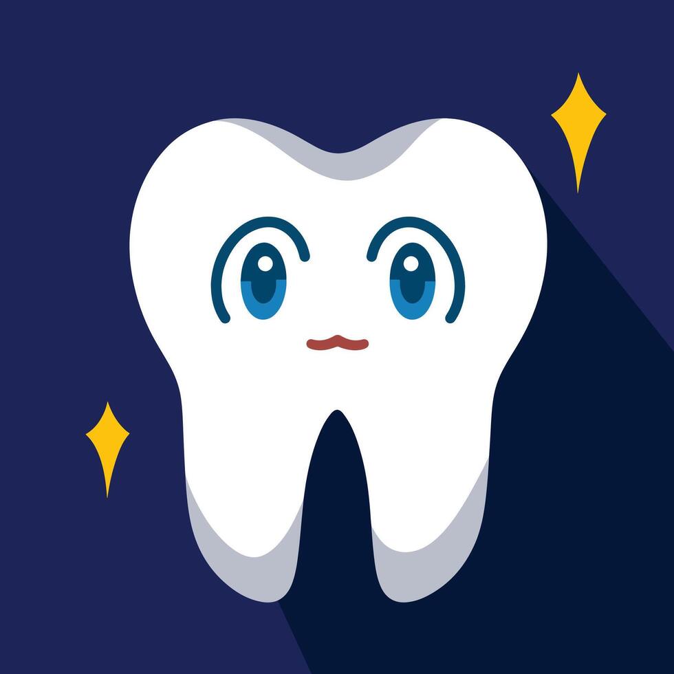 Cute clean children baby tooth with face, eyes and mouth vector illustration isolated on square dark blue background. Simple flat full colored gigi susu cartoon art styled drawing.