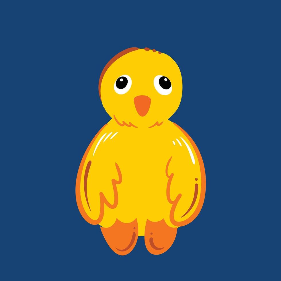 Cute yellow funny duck sitting down, spaced out, and doing nothing vector illustration isolated on square blue background. Simple flat kawaii colorful cartoon art styled drawing.