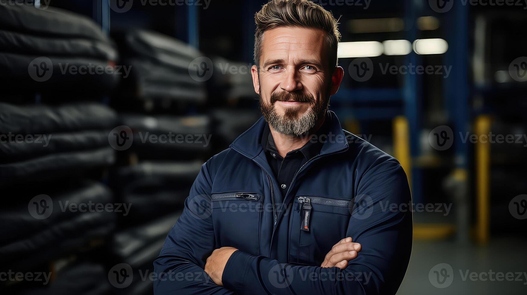 AI generated Portrait of a handsome young man standing with crossed arms in a garage. photo