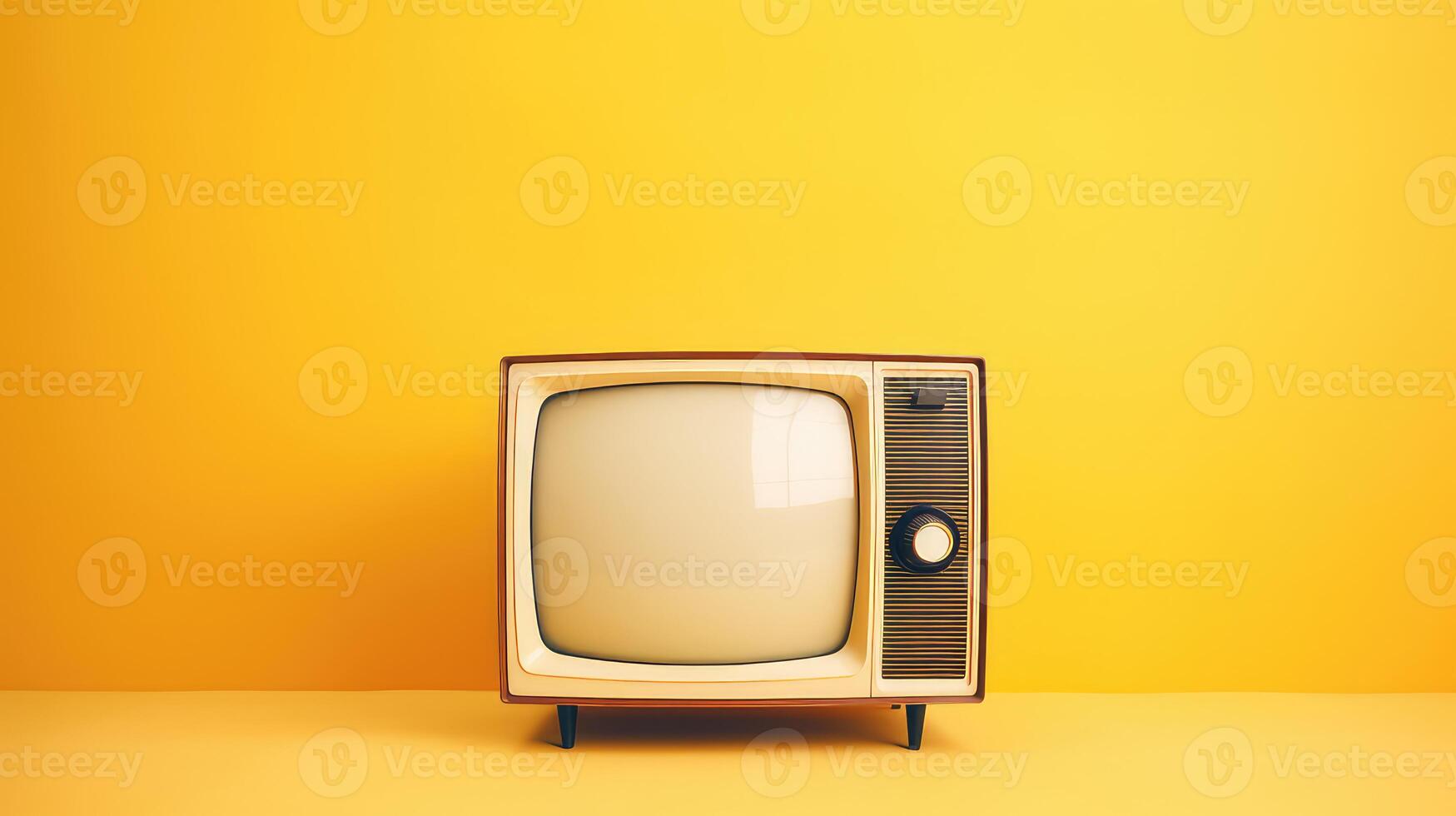 ai generado retro televisión en amarillo antecedentes. mínimo concepto. Copiar espacio. foto