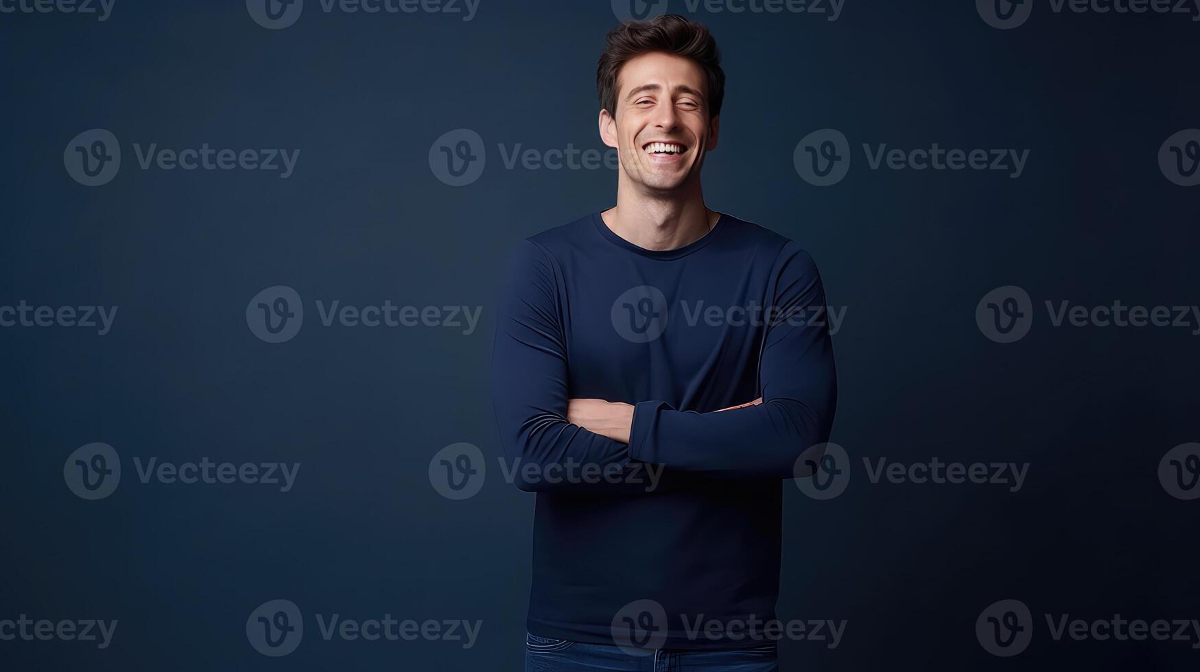AI generated Portrait of happy handsome young man with crossed arms on dark blue background photo