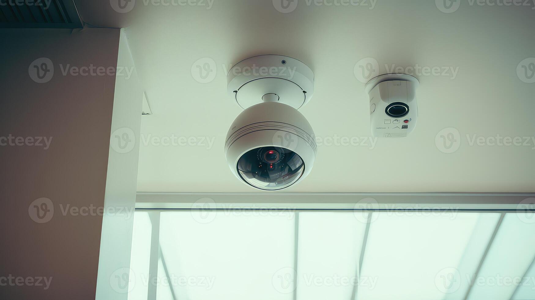 AI generated CCTV security camera in office building background photo