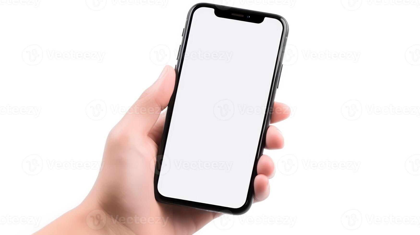 AI generated man hand holding smartphone with blank screen on white background, smart phone mockup photo
