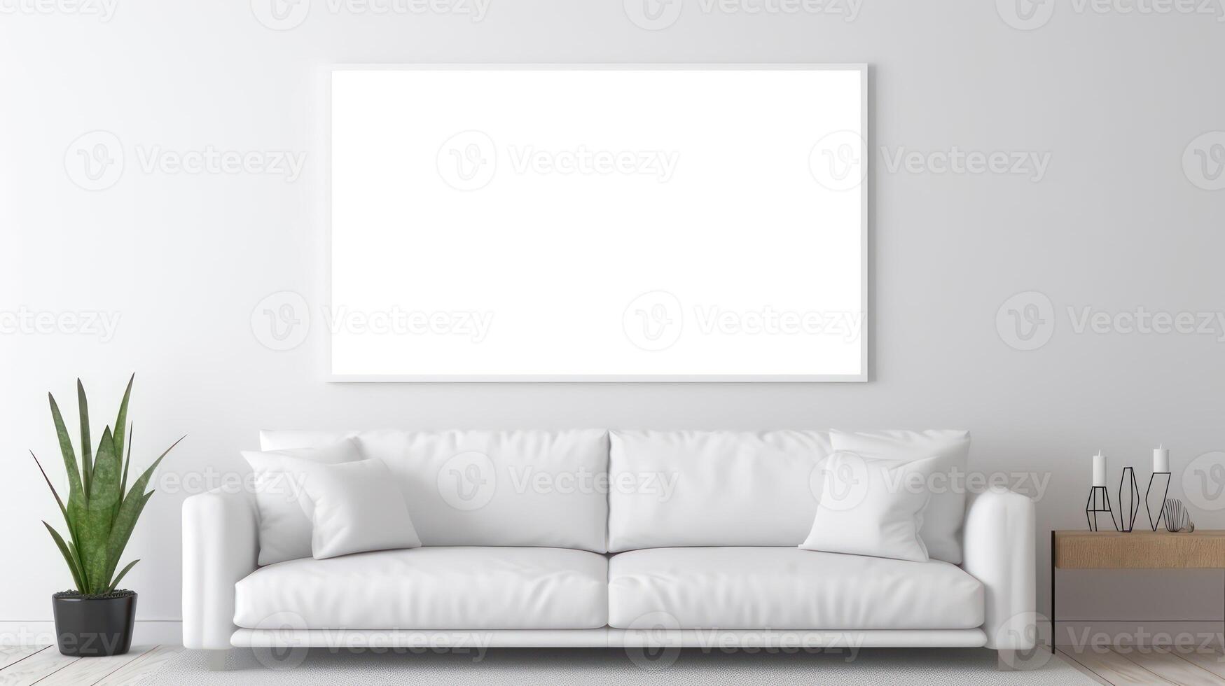 AI generated White sofa in modern living room with blank poster on wall, poster mockup photo