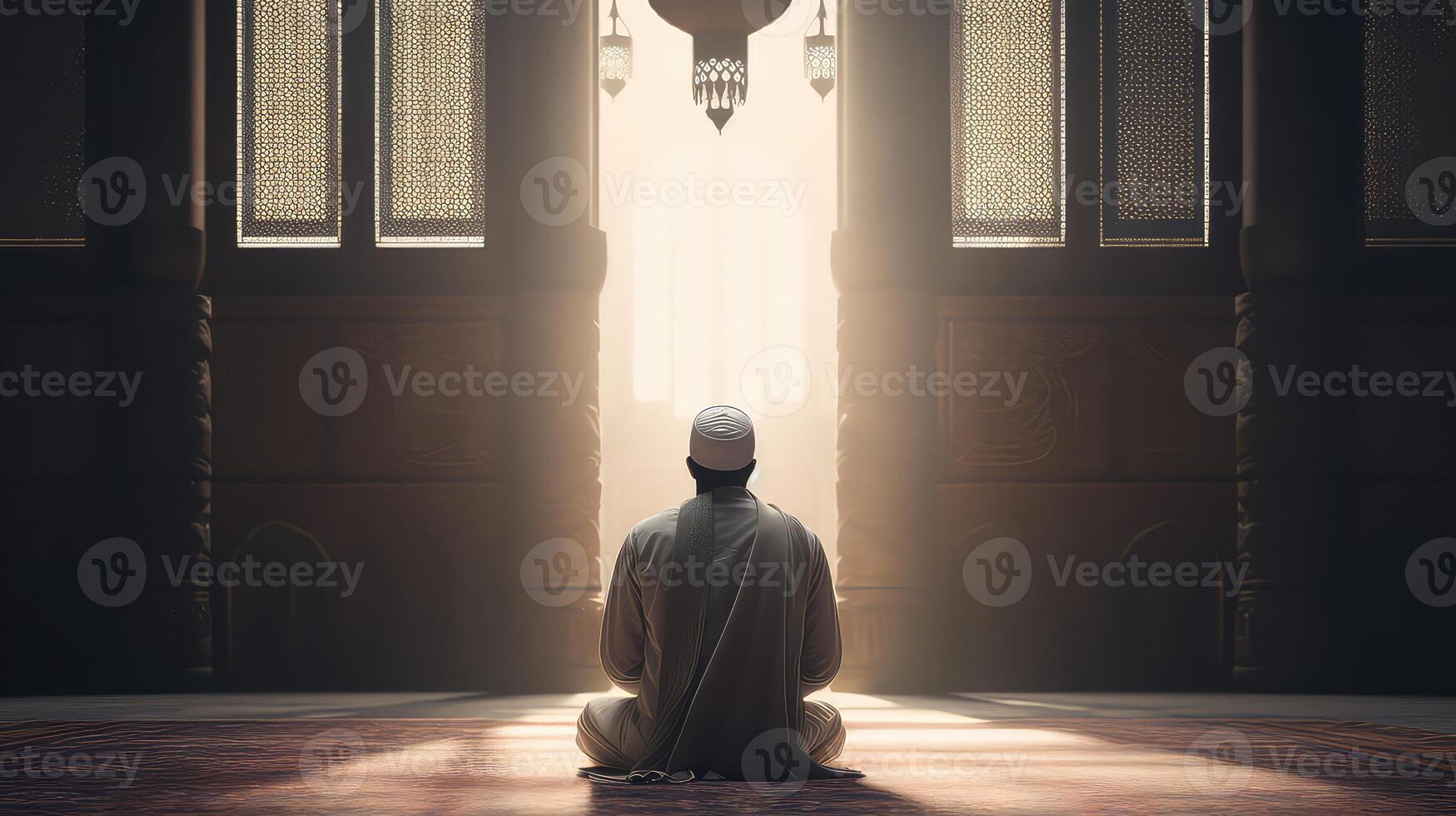 AI generated Muslim man praying in the mosque. Ramadan Kareem concept photo