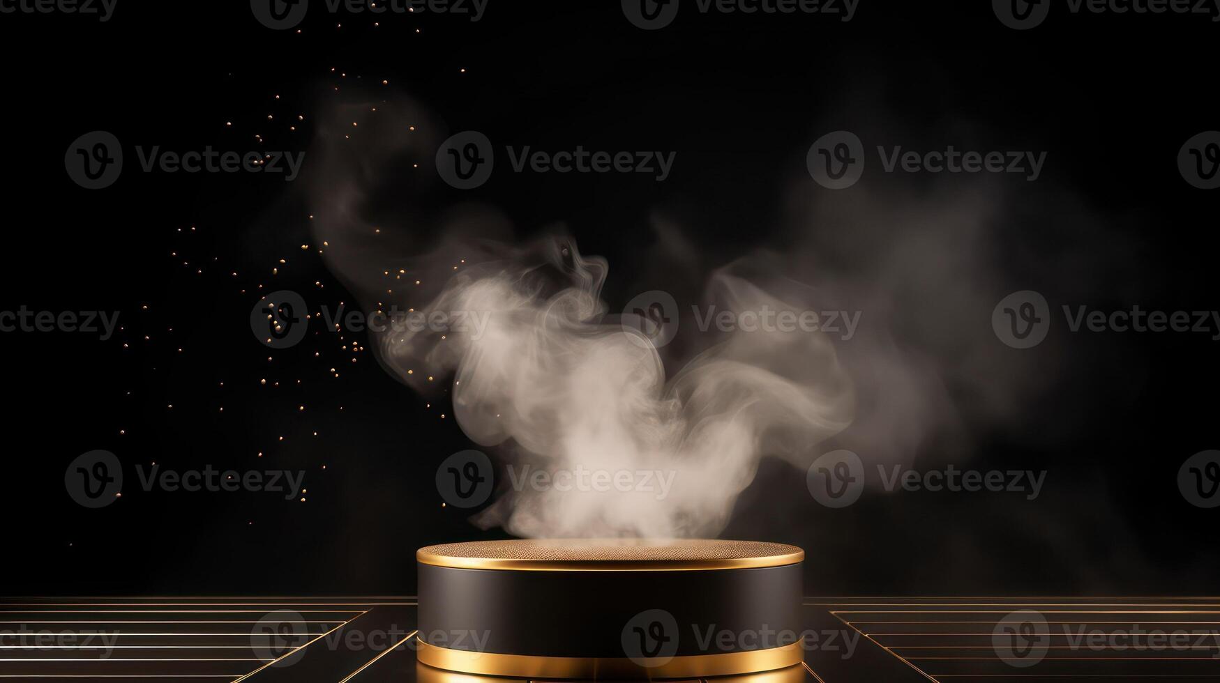 AI generated Gold pedestal podium with smoke on a black background photo