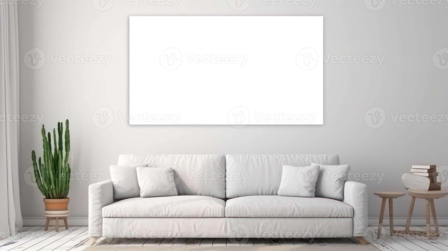 AI generated White sofa in modern living room with blank poster on wall, poster mockup photo