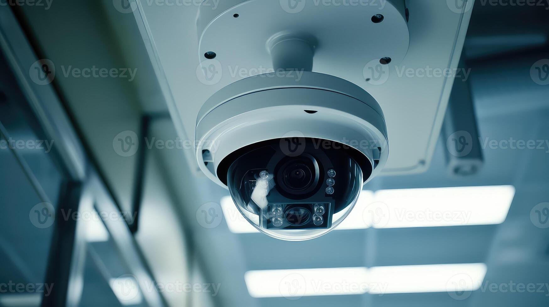 AI generated CCTV security camera in office building background photo