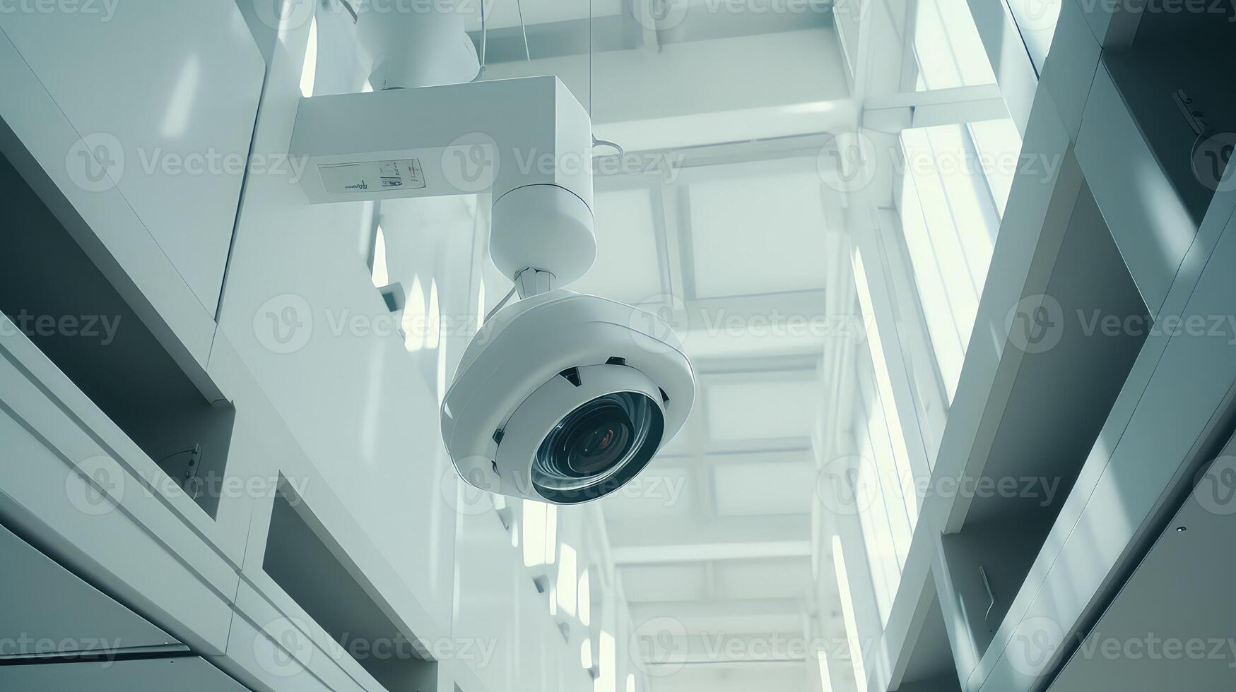 AI generated CCTV security camera in office building background photo