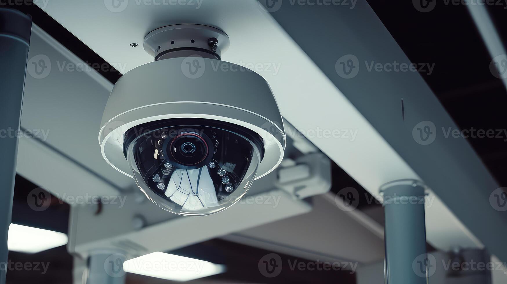 AI generated CCTV security camera in office building background photo