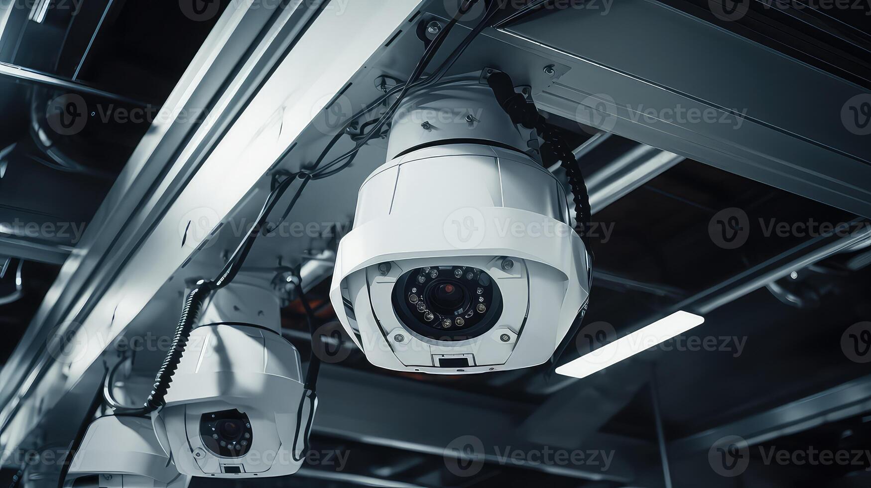 AI generated CCTV security camera in office building background photo