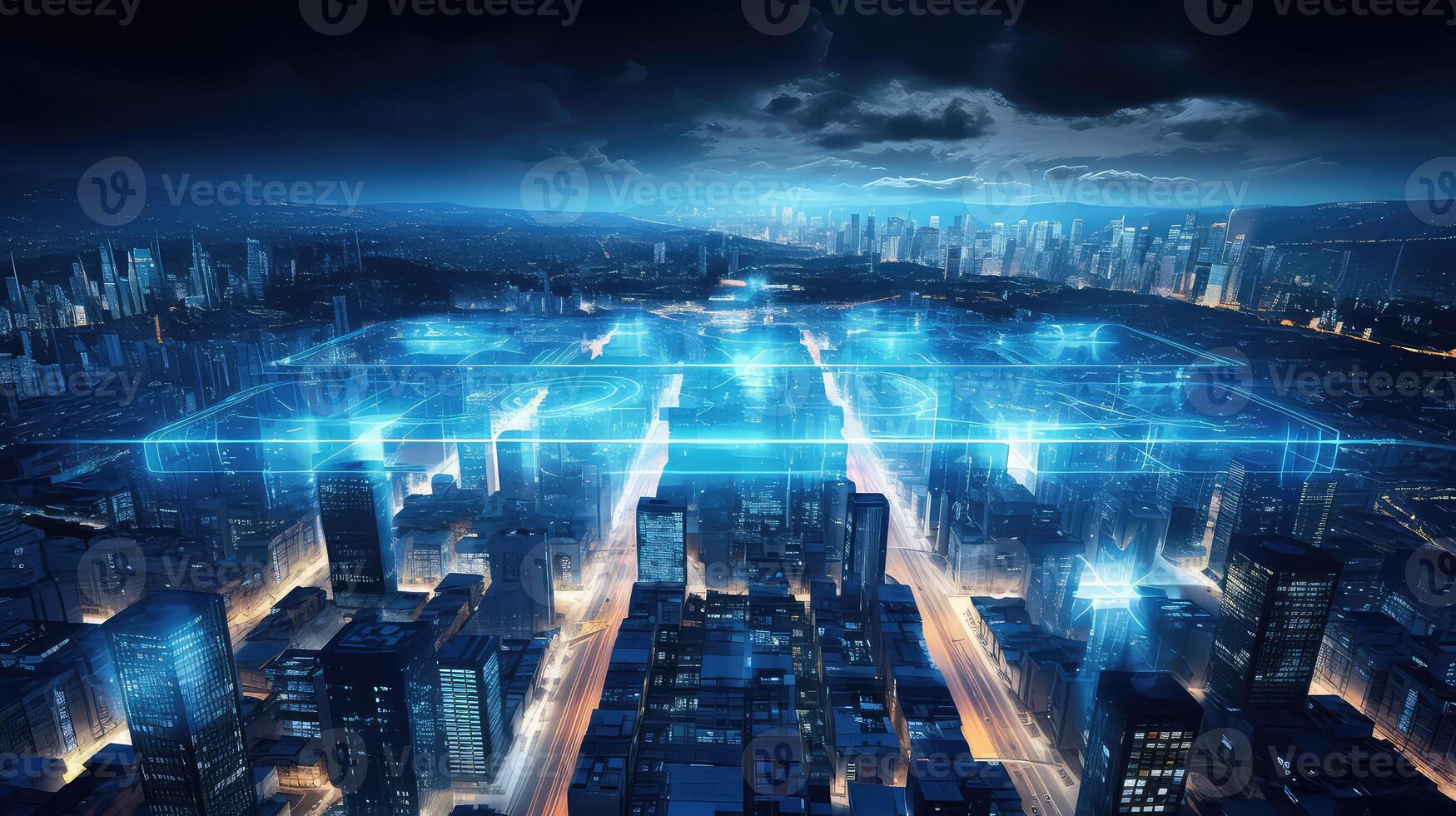 AI generated Abstract digital city background with glowing lights. Technology concept. photo