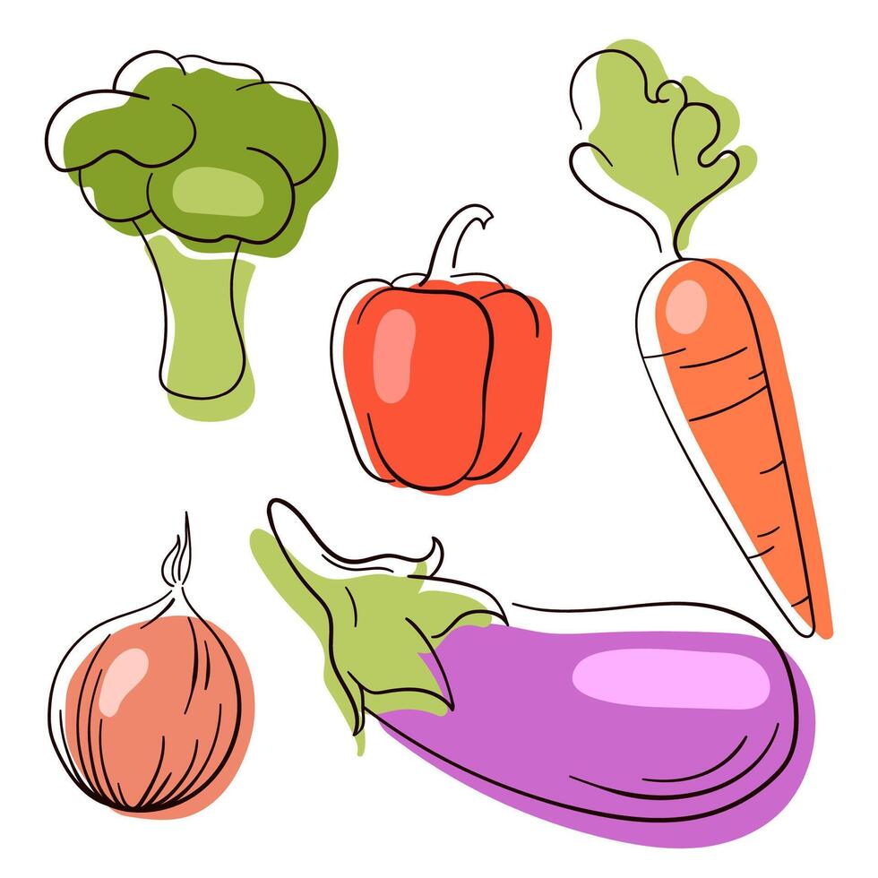 Set of hand drawn vegetables. Vegetables sketch collection in line art style. Eggplant, pepper, onion, broccoli, carrot. Vector illustration isolated on a white background.