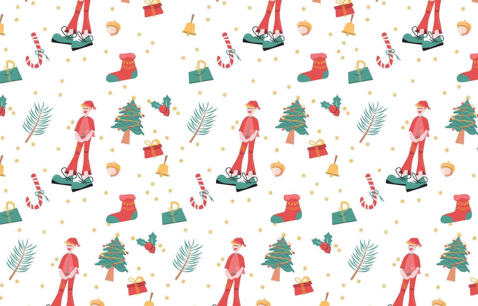 Christmas elements with drawing Modern cartoon style with Christmas tree, bells, pine, Envelope, snow, socks, and candy cane cartoon style pattern texture background. Flat vector illustration.