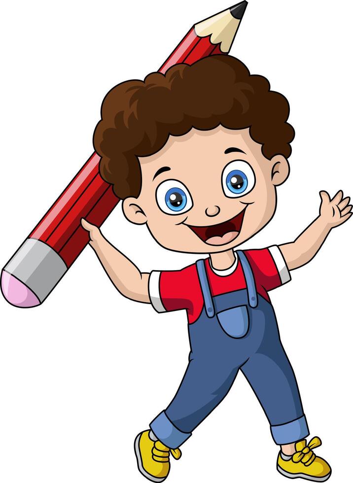 Cute little boy cartoon holding a big pencil vector