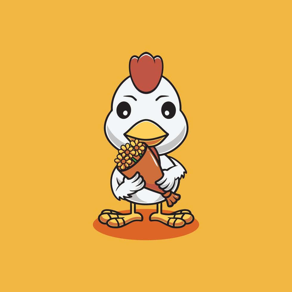 Cute chicken with flower cartoon illustration vector