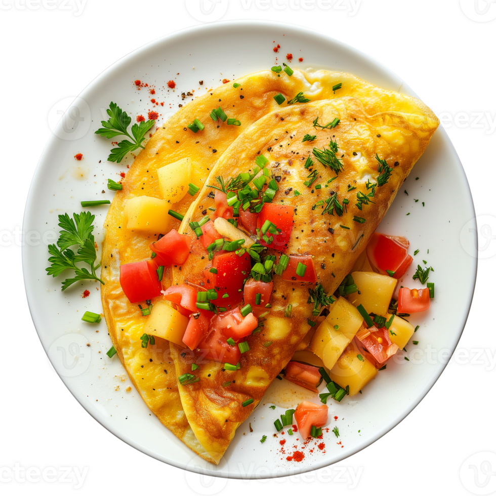 AI generated breakfast omelette on a plate top view isolated on transparent png