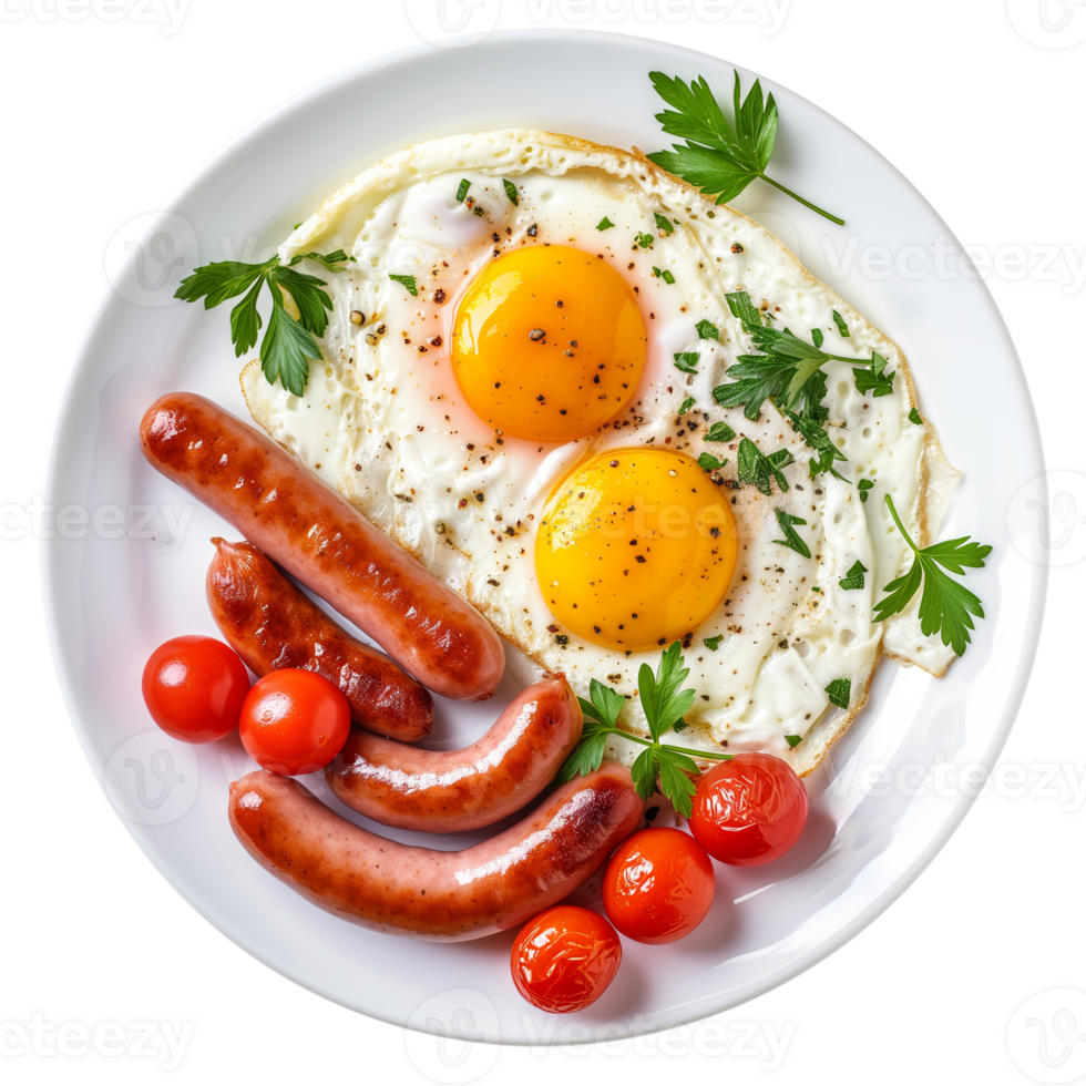 AI generated fried eggs with sausages top view isolated on transparent food photo png