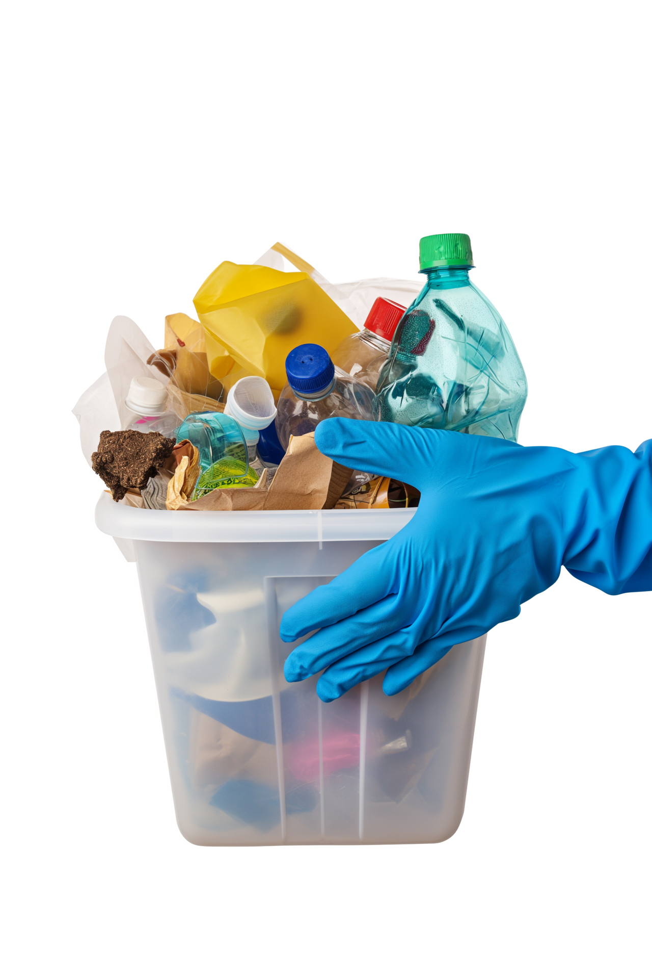 AI generated Hand in blue clothes holding different kinds of waste