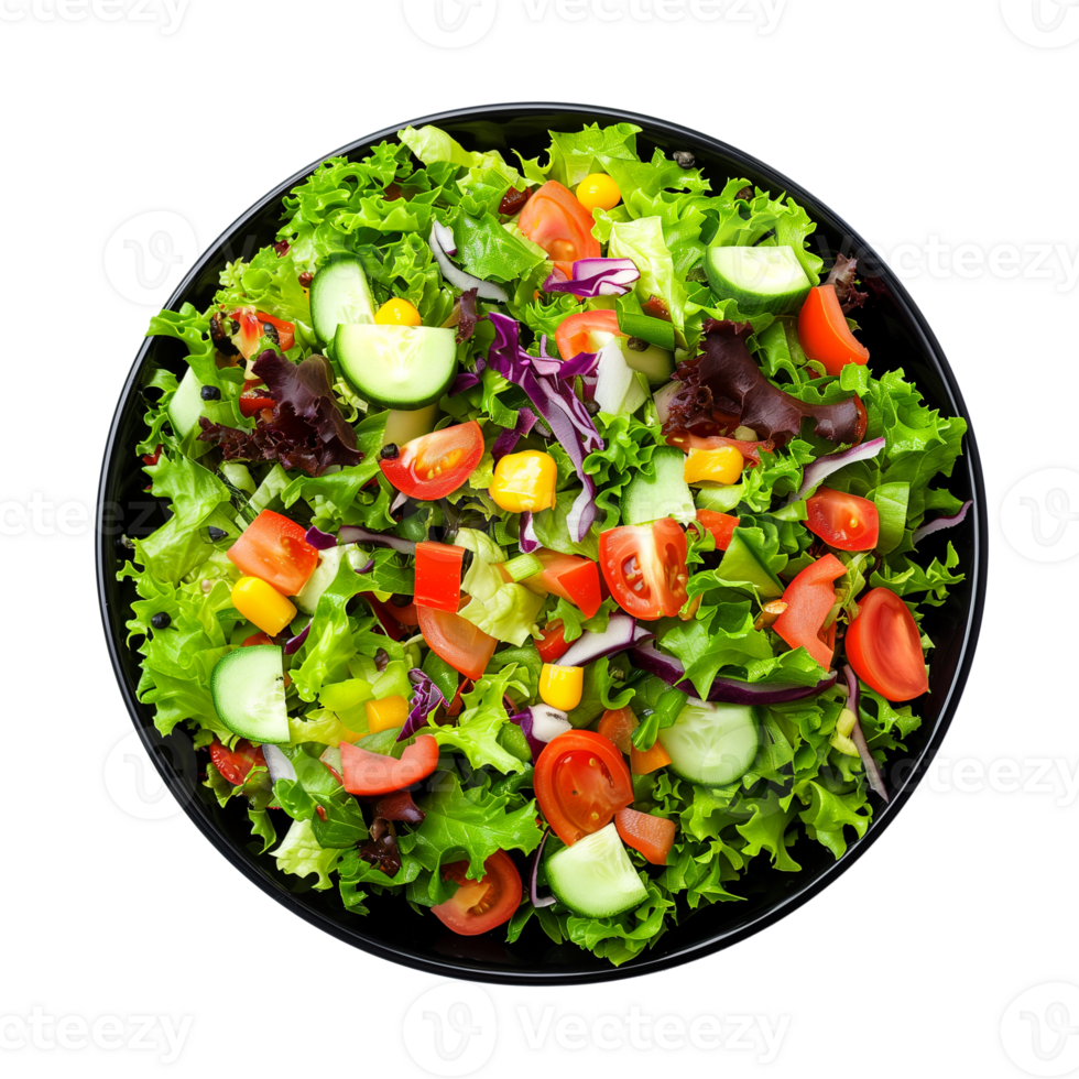 AI generated Bowl of salad in black bowl top view isolated on transparent background png