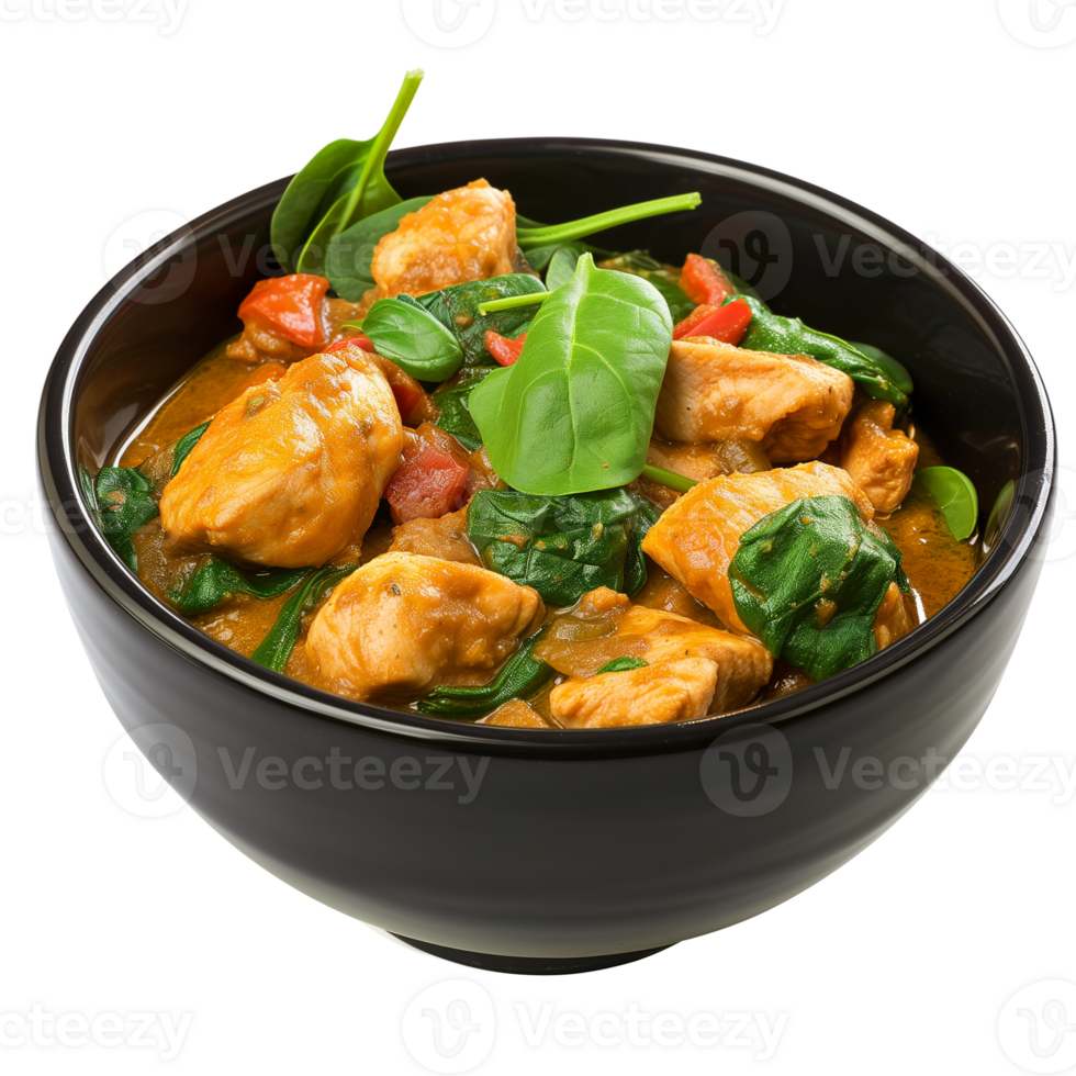 AI generated Chicken Vindaloo with spinach in black bowl isolated on transparent png