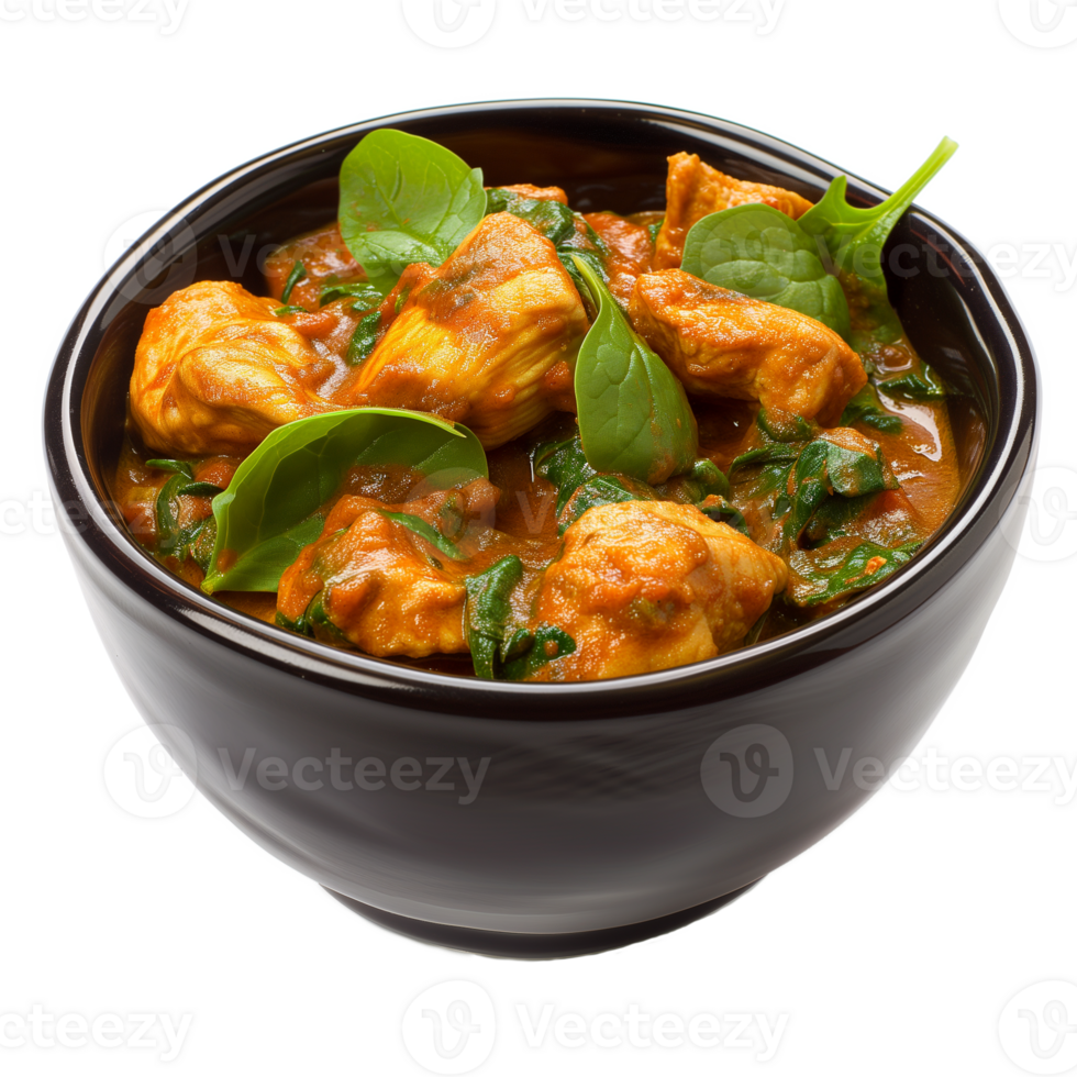 AI generated Chicken Vindaloo with spinach in black bowl isolated on transparent png
