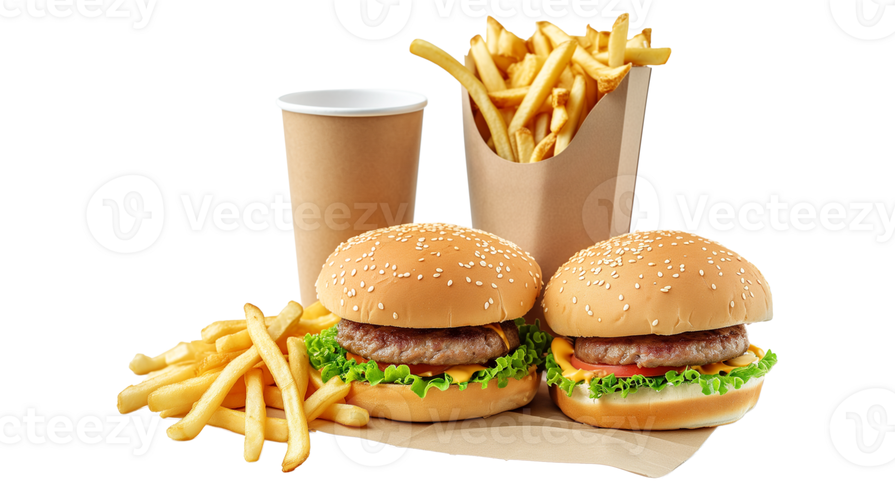 AI generated Fast food eco packaging with tasty hamburger french fries paper drink cup and souce isolated on transparent png