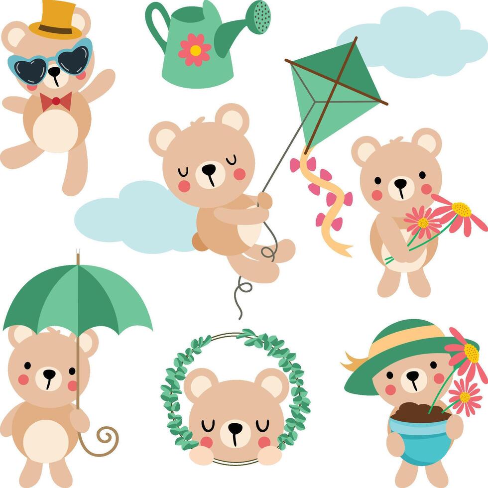 Set of digital elements with teddy bear in outdoor activities vector