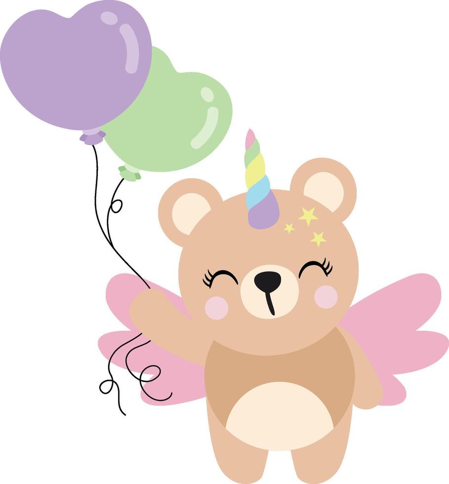 Cute happy unicorn teddy bear holding balloons vector