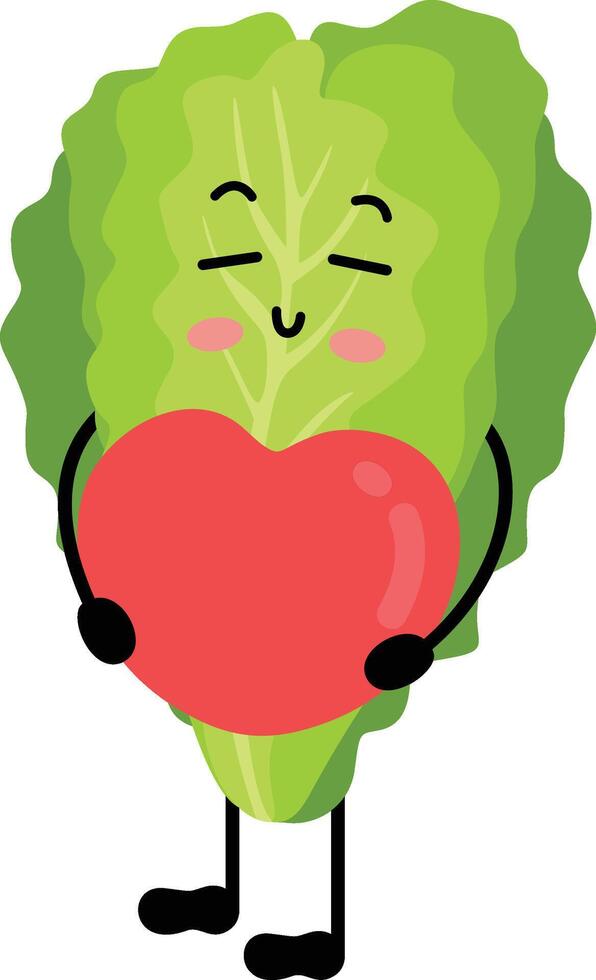 Funny green lettuce mascot holding a red heart vector