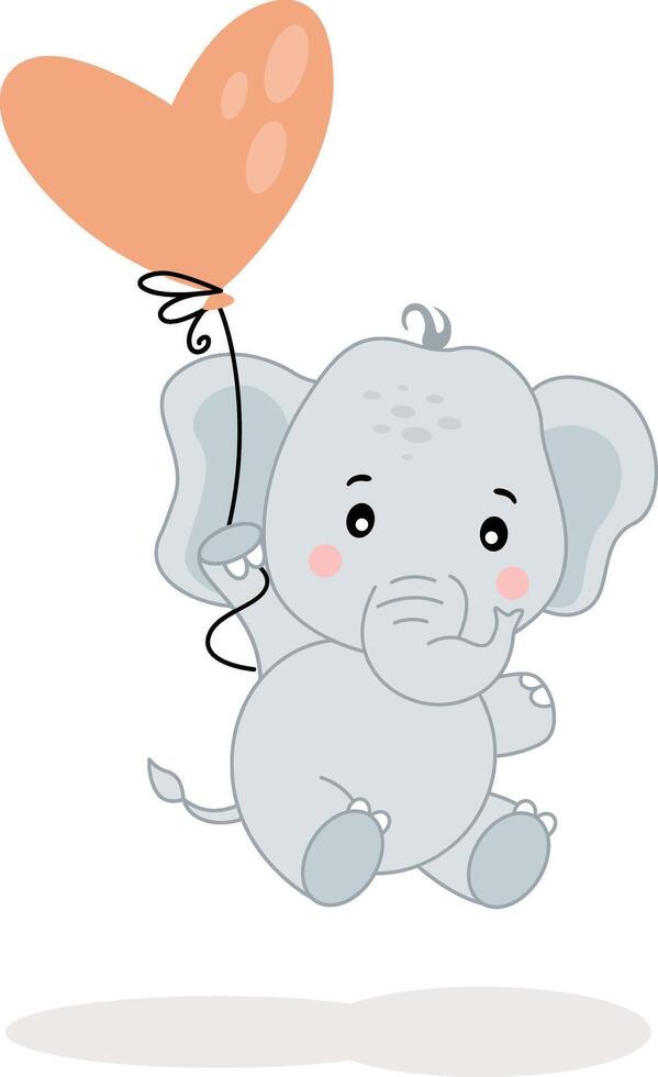 simpático bebé elefante volador con un corazón globo vector