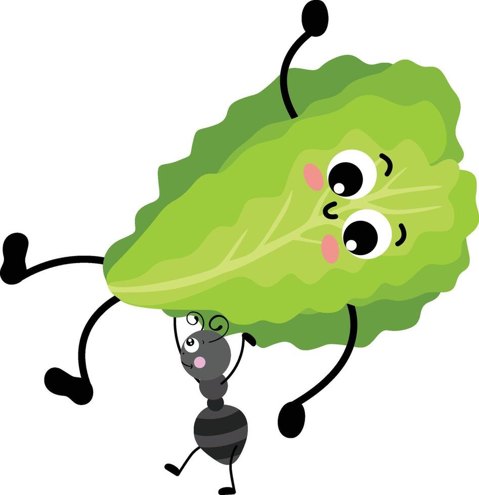 Cute ant carrying a funny green lettuce mascot vector