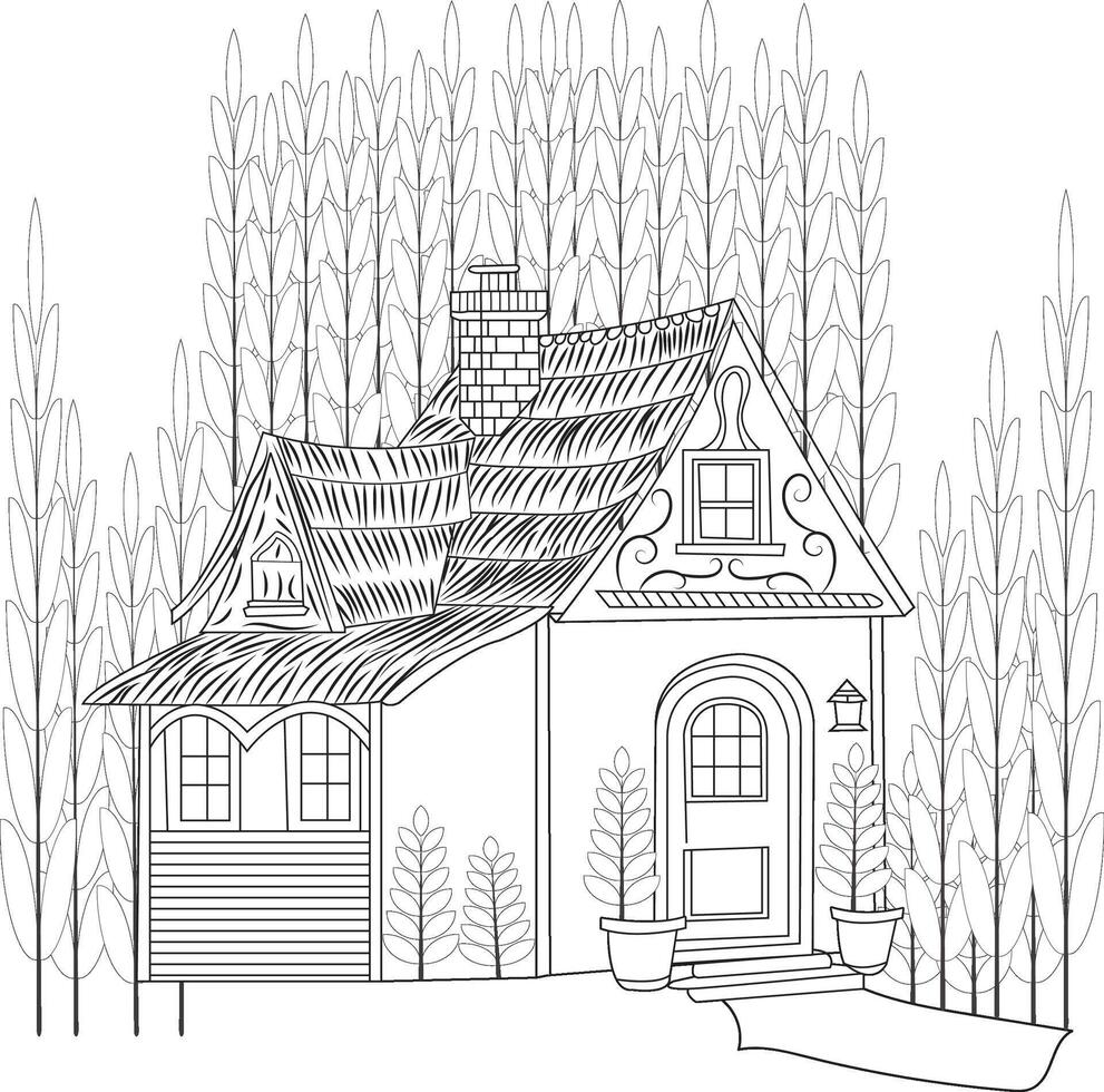 Adult Tree and House Coloring Page vector