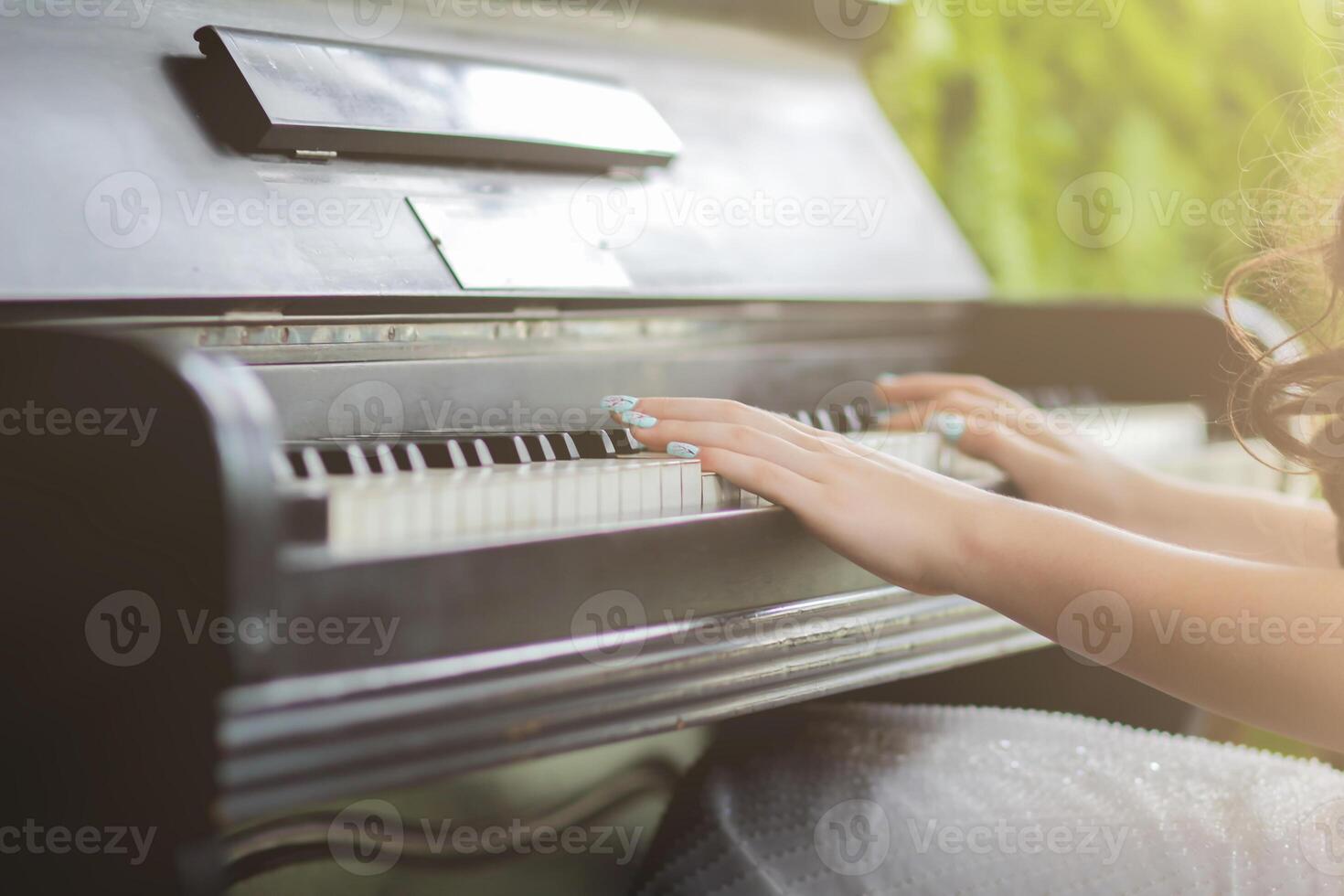 Beautiful piano background are set by the window in the morning waiting for the pianist to come to practice in the morning to reduce the mistake of having to perform the piano performance at a concert photo