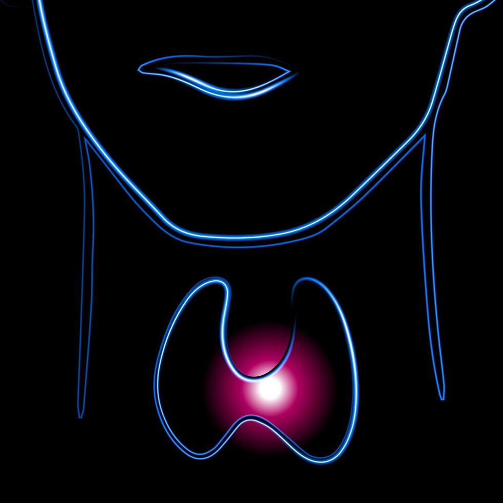 Vector isolated illustration of thyroid gland with neon effect. Enlarged thyroid gland.