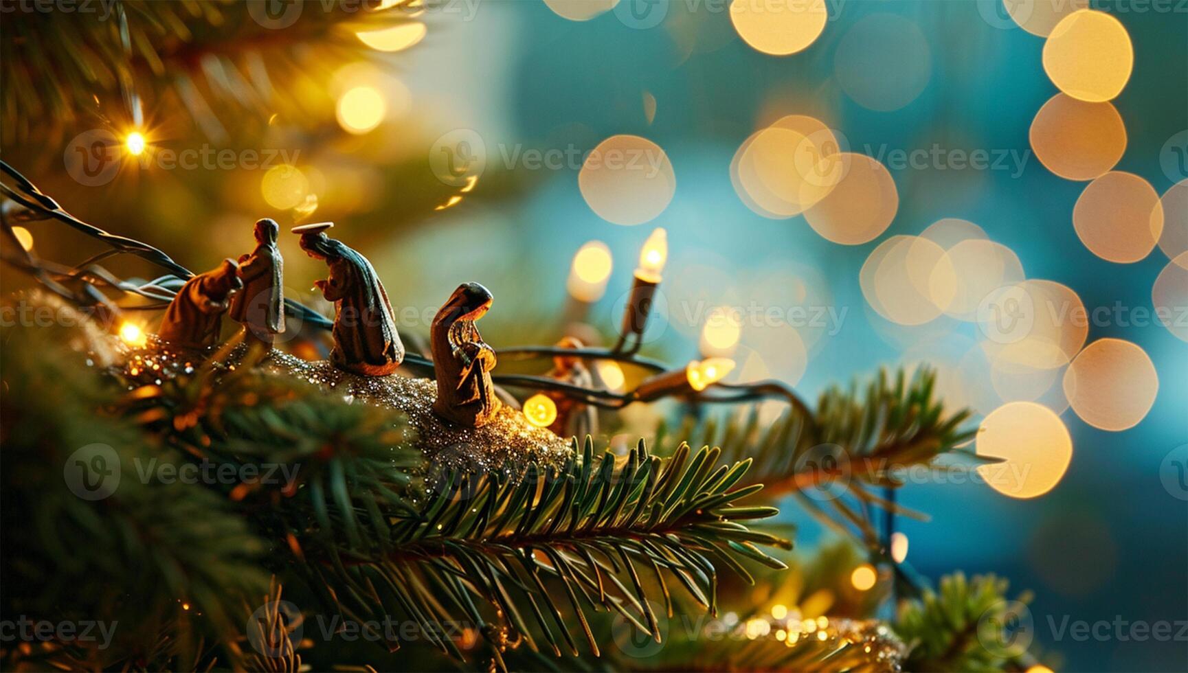 ai generado Navidad natividad escena con santo familia y Navidad árbol en antecedentes foto