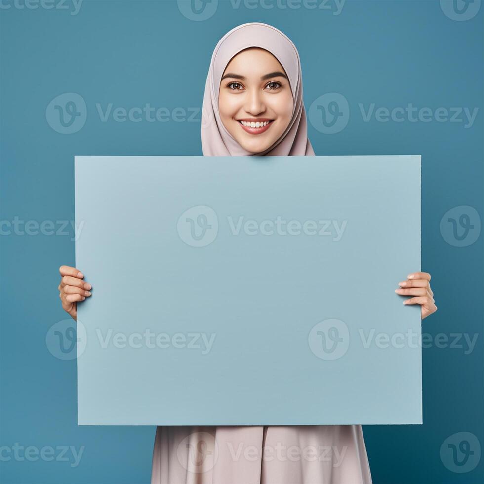 AI generated businesswoman holding blank board, isolated on blue background photo