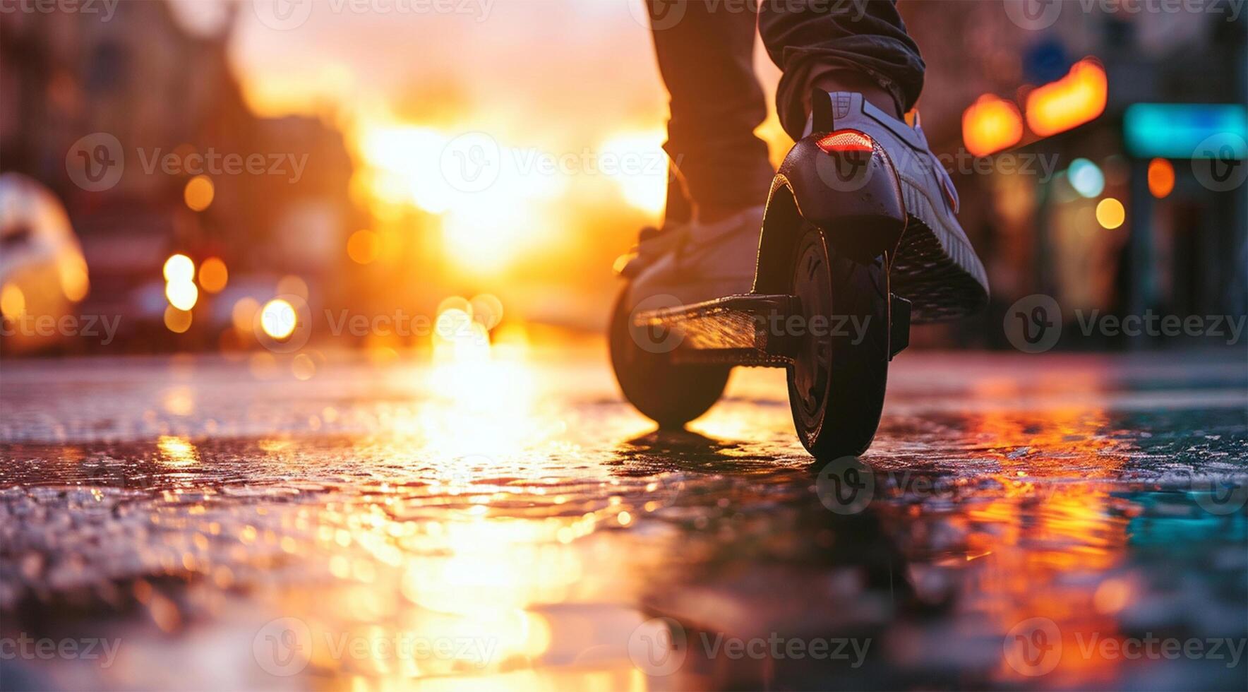 AI generated Young man riding a kick scooter on the street at sunset. photo