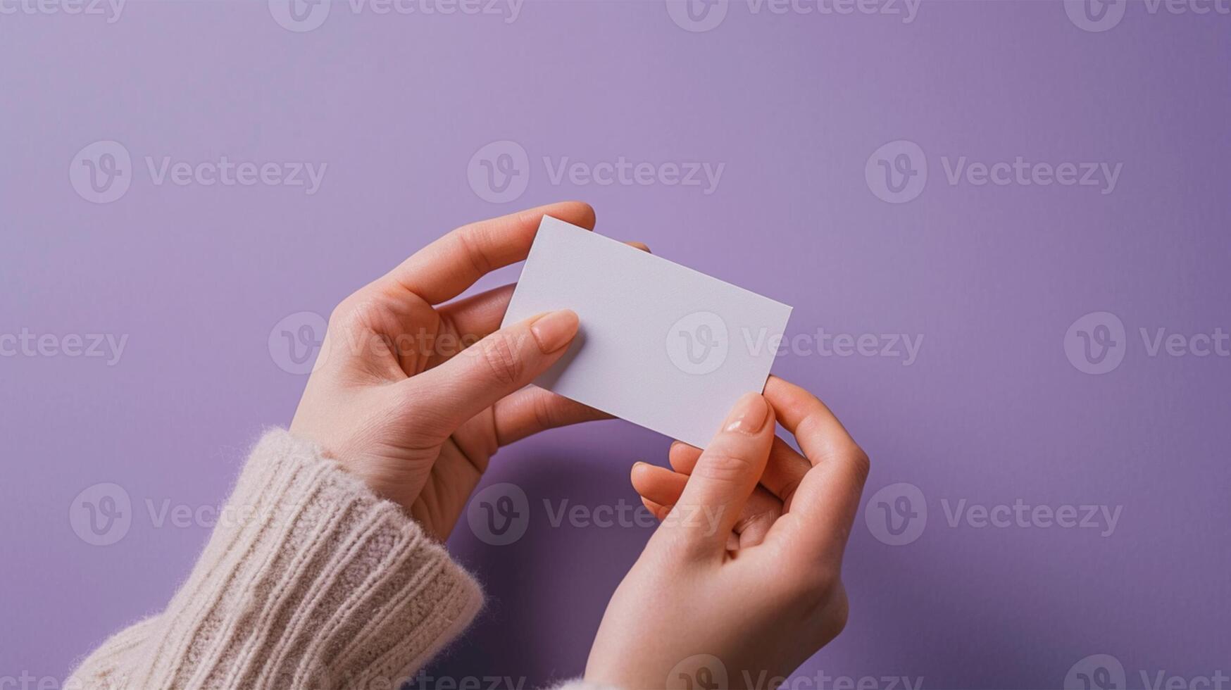 AI generated cropped view of woman holding blank business card on lilac background photo