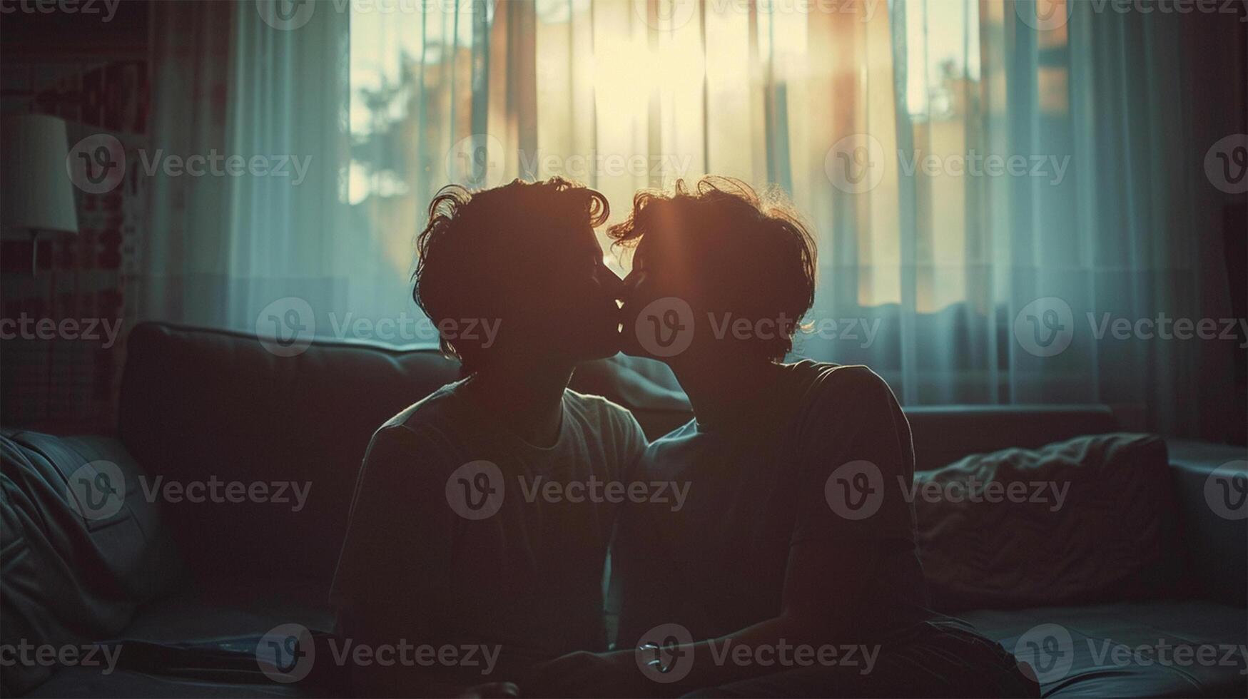AI generated Close up of young gay couple smiling while sitting on sofa at home photo